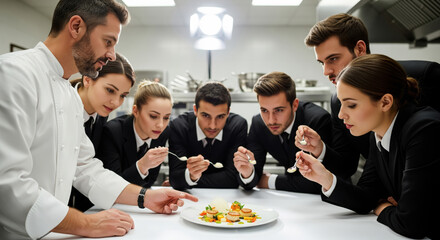 Chef presenting gourmet dish to restaurant staff tasting