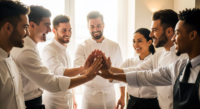 Diverse Team of Chefs and Waiters Celebrating Success with a High Five
