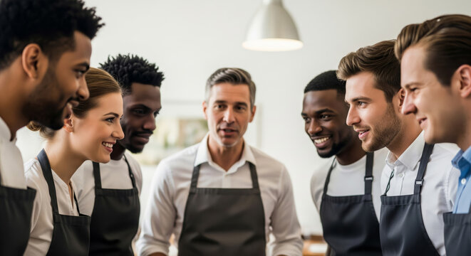 Confident manager leading a briefing for his diverse restaurant staff