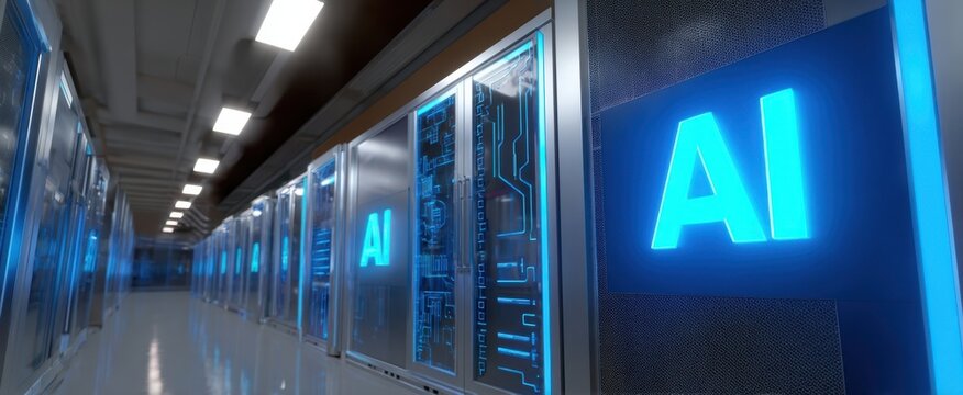 The AI servers in a futuristic glowing data center corridor with circuitry panels