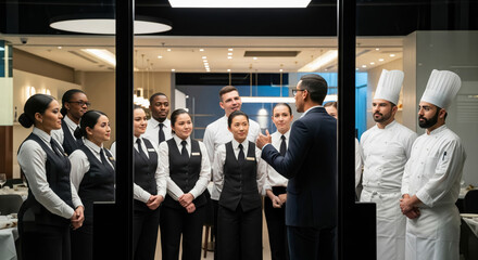 Restaurant manager briefing servers and chefs before service