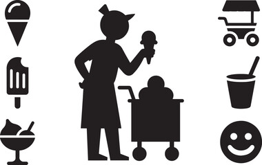 Ice Cream Vendor Vector Illustration Featuring a Woman Selling Ice Cream with Cart and Treats