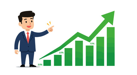 A businessman points toward a green graph indicating upward growth