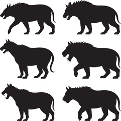 Six Black Silhouettes of Predatory Mammals on White Background animal wild