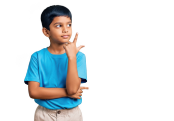 Pensive young boy thinking, looking upward, child in blue shirt, idea generation, creative thought, isolated on transparent background