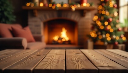 Holiday table with Christmas tree and fireplace, cozy festive scene, copy space.