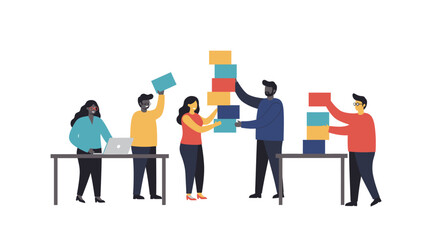 Obraz premium Five people are seen stacking colored boxes