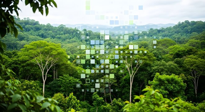 A view of a dense green forest with digital squares overlayed on the trees and distant mountains