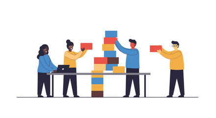 Four figures two on a table with a laptop two stacking colored blocks