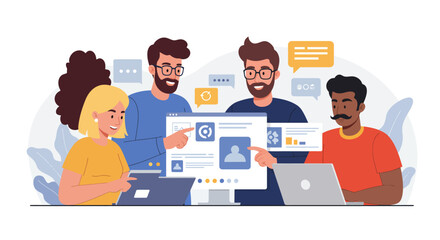 Four people around a screen discussing app design with speech bubbles and laptops