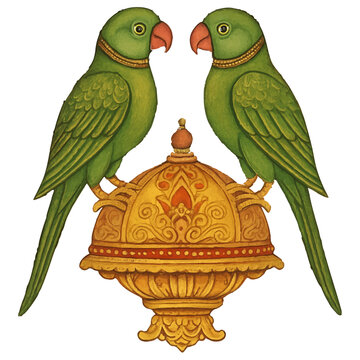 2 Parrots sitting on a dome tanjor painting on a white transparent background- watercolour art
