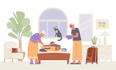 Senior couple packing a suitcase on a bed at home getting ready to a trip flat vector illustration.