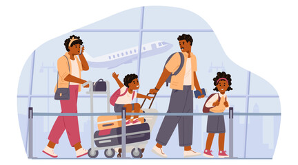 African American family with luggage cart and suitcases walking at the airport flat vector illustration.
