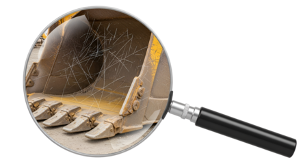 Magnifying glass focused on excavator bucket with scratches isolated PNG with Transparent Background
