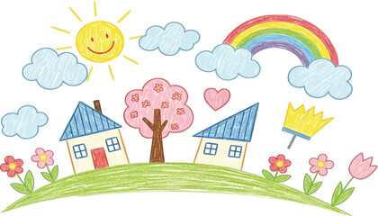 Childlike crayon drawing of a happy village scene with houses tree flowers sun and rainbow.