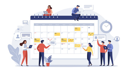 Team working around a giant calendar planning using laptops and posting notes