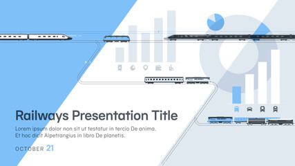 Presentation cover template on passenger and freight rail transportation. The railway network, trains, and diagrams are shown abstractly. All the elements are in separate layers and are fully editable
