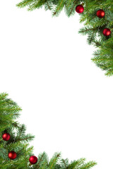 Vertical Frame, Christmas tree branches with balls in PNG isolated on transparent background