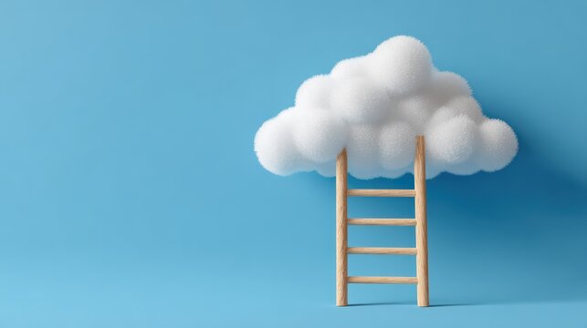 Dramatic White Cloudscape with a Sturdy Wooden Ladder on a Vibrant Blue Background Inspiring Heights and Dreamy Serenity. - Powered by Adobe