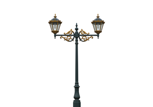 Elegant double lamp post with ornate details isolated on transparent background