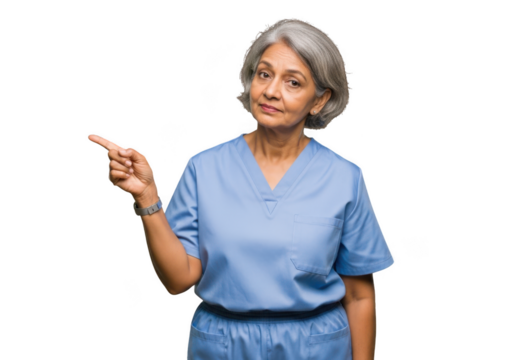 Mature indian female doctor nurse medical professional pointing showing isolated portrait with gray hair in scrubs on transparent background isolated on transparent background