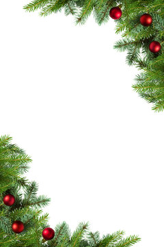 Vertical Frame, Christmas tree branches with balls in PNG isolated on transparent background