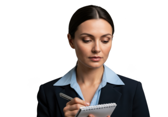 Professional woman writing notes business meeting conference presentation planning isolated on transparent background