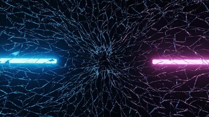 Tense futuristic versus concept in dark abstract world of shattered glass, glowing with vibrant blue and pink neon light from digital web - Powered by Adobe