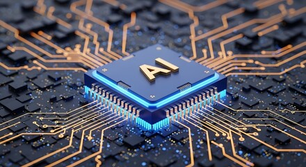 Close up of a blue ai chip with gold lettering and glowing orange circuits on a dark background