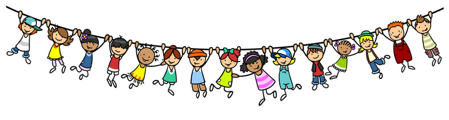 Gruppe Cartoon Kinder hängt an Leine als Trennlinie