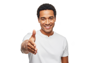 Smiling african american man offering handshake, business deal, partnership, agreement, isolated on transparent background