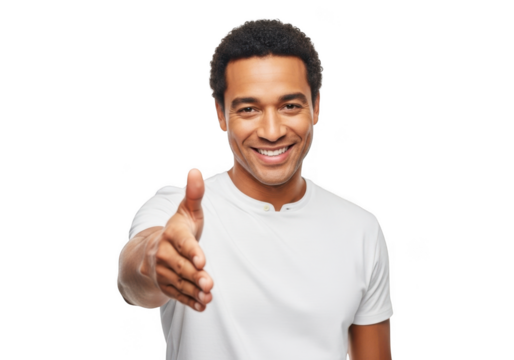 Smiling african american man offering handshake, business deal, partnership, agreement, isolated on transparent background