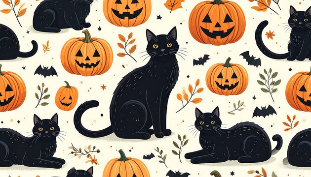 Halloween pattern of black cats and pumpkins - Powered by Adobe
