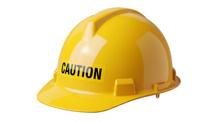Yellow construction helmet with the word CAUTION isolated PNG with Transparent Background
