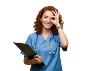 Smiling female doctor nurse medical professional with clipboard making ok sign isolated on transparent background