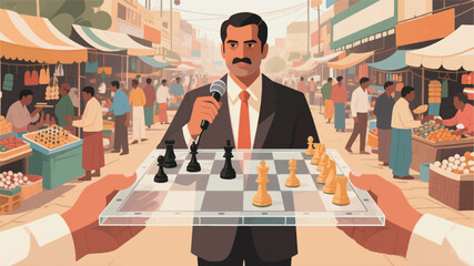 illustration of a politician who is an expert in chess with a traditional market background vector design template