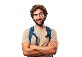 Funny tourist man with backpack sticking out tongue, arms crossed, travel, adventure, isolated on transparent background
