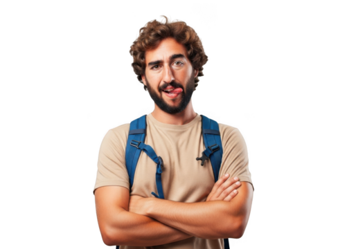 Funny tourist man with backpack sticking out tongue, arms crossed, travel, adventure, isolated on transparent background