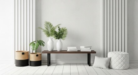 Serene Interior Scene with Plants, Books, and Textured Accents in Soft Light