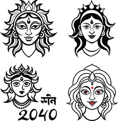 Collection of stylized durga maa faces with trident and text happy durga puja

