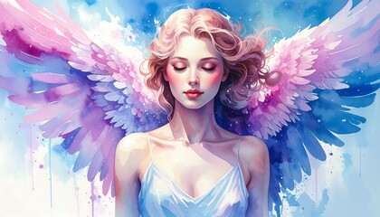 Serene angel woman with pastel wings