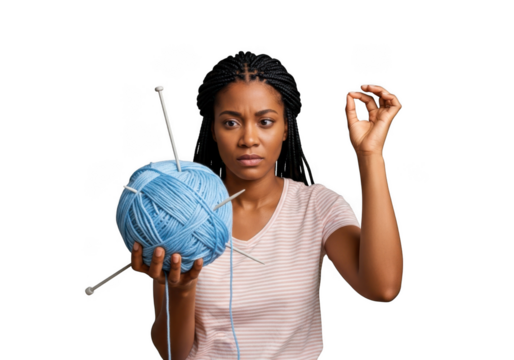 Confused african american woman holding blue yarn ball with knitting needles, crafting project, isolated on transparent background - Powered by Adobe