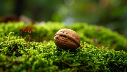 Single walnut on moss-covered ground