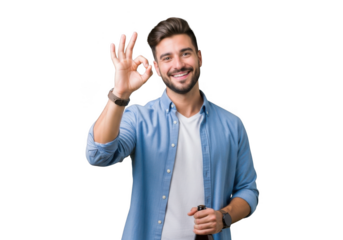Smiling handsome man in blue shirt making ok sign with hand holding bottle stock photo isolated on transparent background