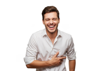 Laughing man pointing funny happy joyful excitement humor emotional reaction expression isolated portrait isolated on transparent background