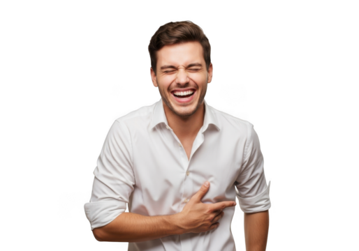 Laughing man pointing funny happy joyful excitement humor emotional reaction expression isolated portrait isolated on transparent background