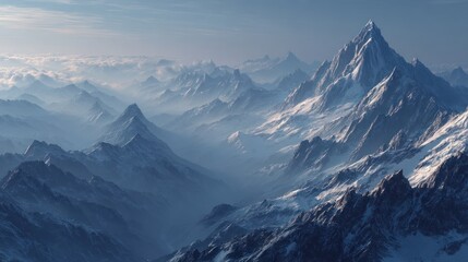 Obraz premium Dramatic Alpine Landscape with Snow-Capped Peaks and Misty Valleys