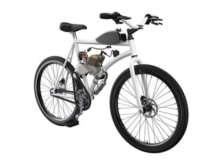 Fototapeta premium High-res 3D render: DIY motorized bike kit with white frame, black 2-stroke engine. Fuel-efficient urban transport and personal mobility. Transparent PNG for custom projects, alternative commuting.