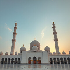 The Sheikh Zayed Grand Mosque in Abu Dhabi with its white architecture, domes, and minarets, perfect for travel themes or architectural designs.
