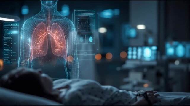 Patient lying on hospital bed undergoing advanced lung diagnostic with holographic display in modern hospital room